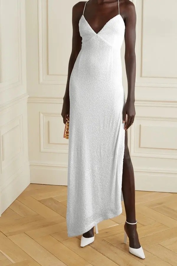 Retrofete Violet Asymmetric Lace-Up Sequined Stretch-Tulle Gown